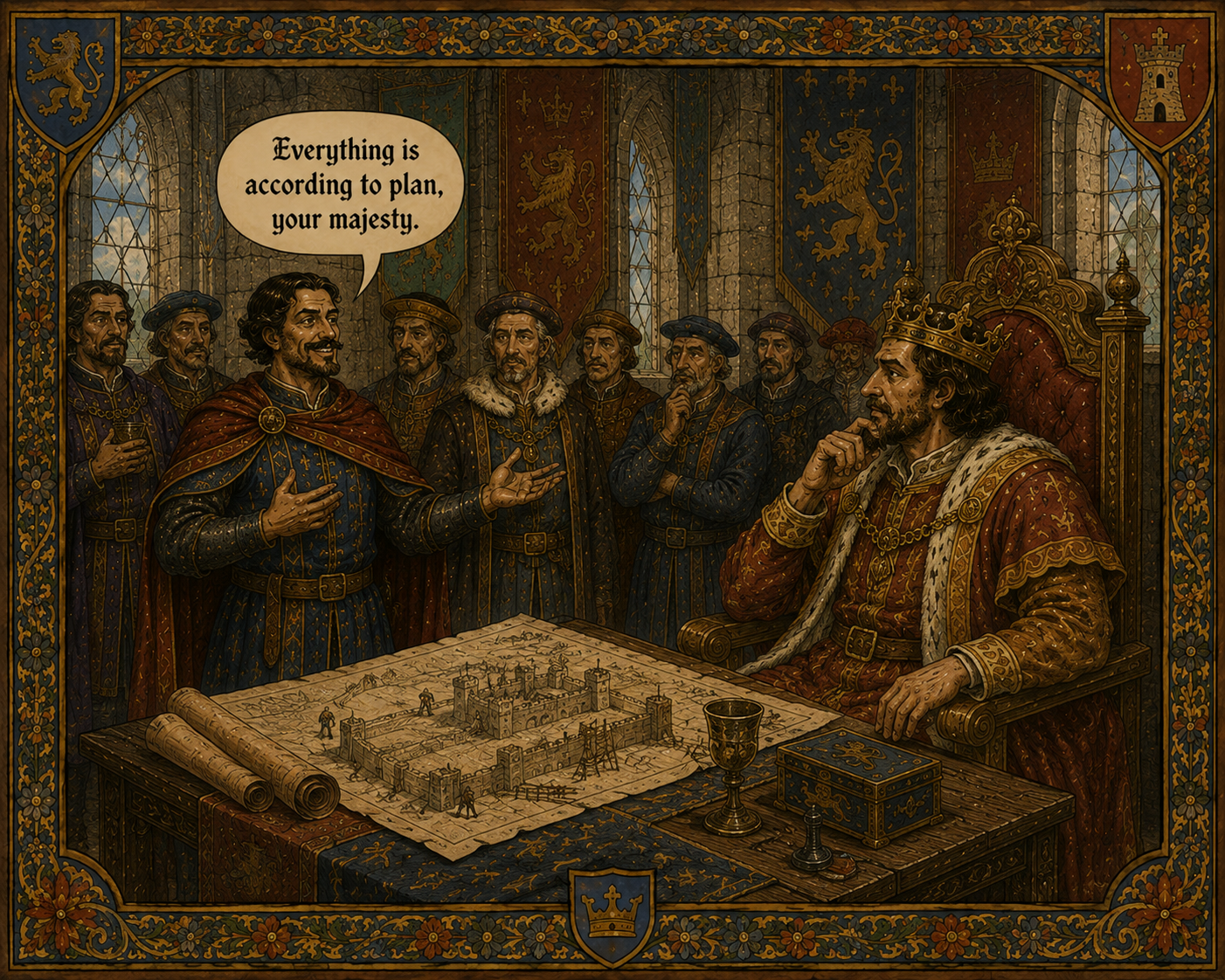 Sir Roland reporting progress to the king